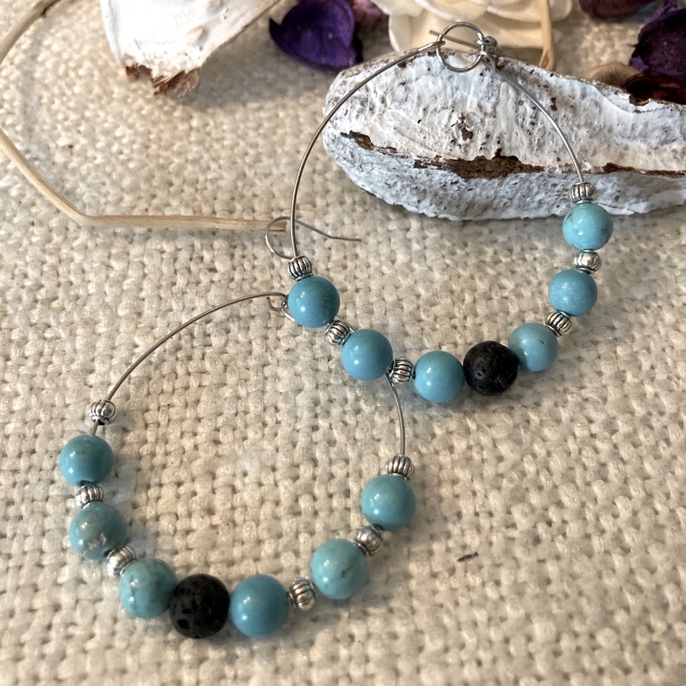 Turquoise & lava hoop earrings with silver spacers
